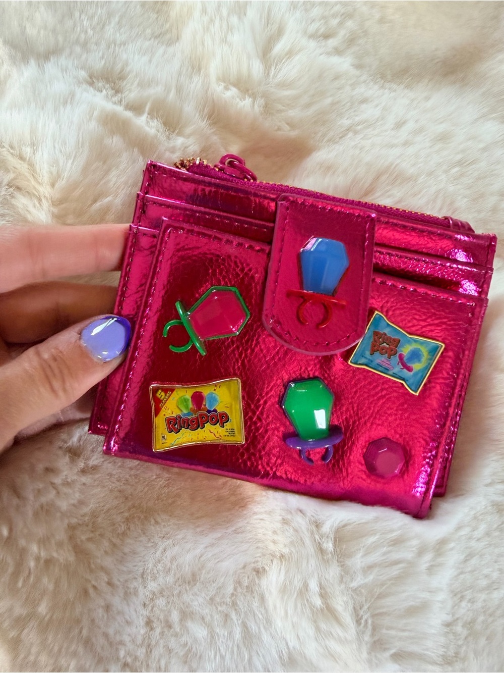 Betsey Johnson Pink Metallic Card Holder Wallet with Colorful Ring Pop Accents - Picture 3 of 12